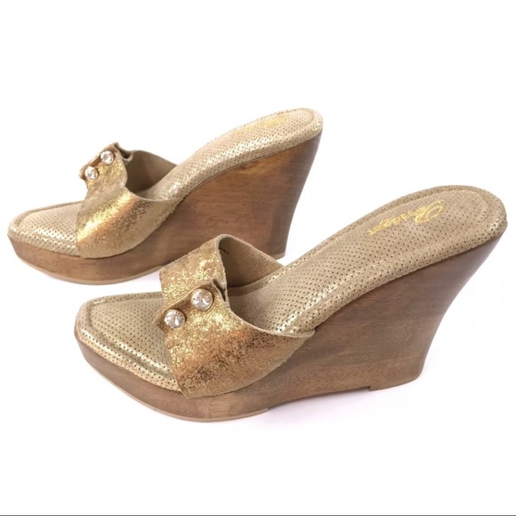Bridget Gold Glitz Wood Platform Wedge Sandals - Picture 6 of 11